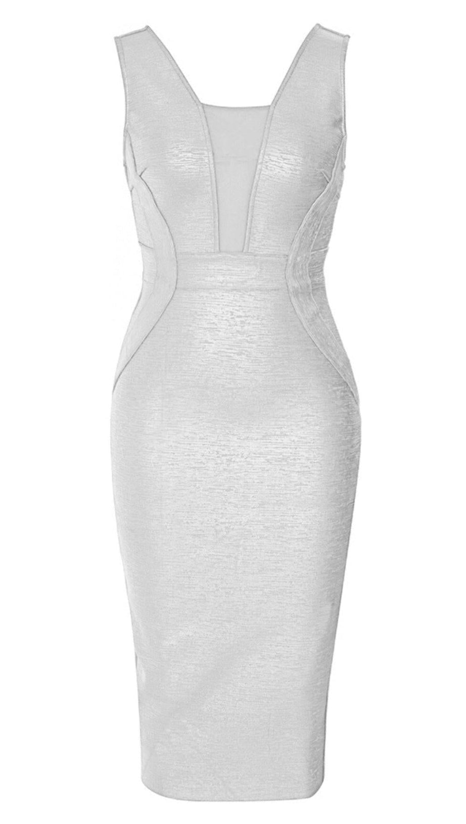 PLUNGE MESH BANDAGE MIDI DRESS IN SLIVER