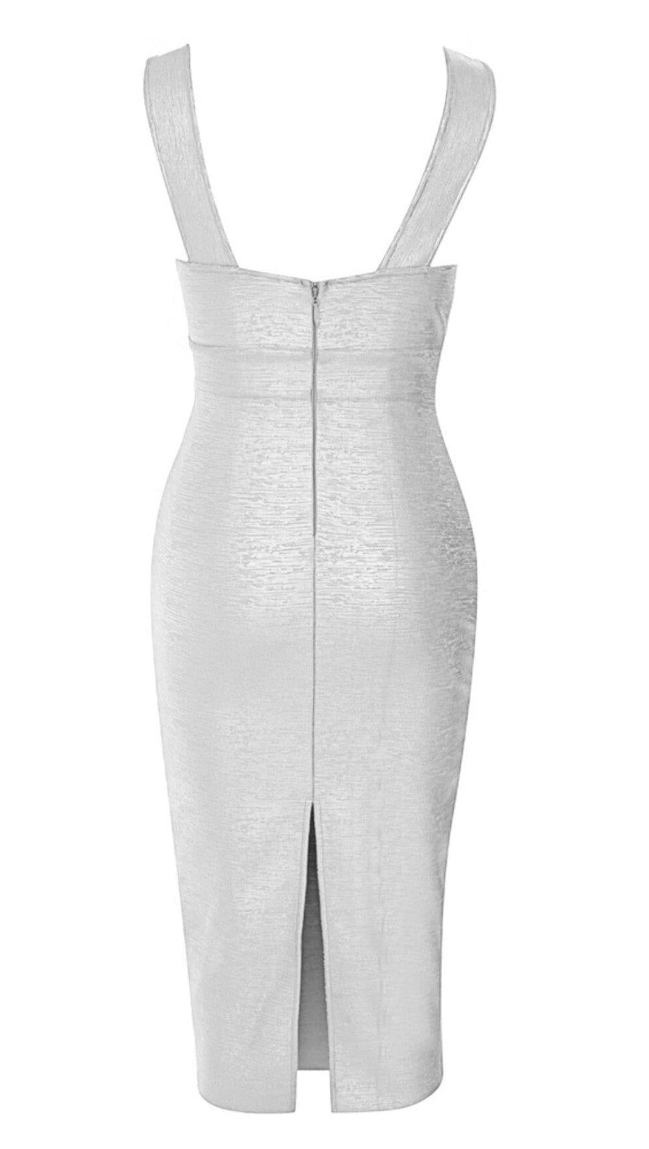 PLUNGE MESH BANDAGE MIDI DRESS IN SLIVER