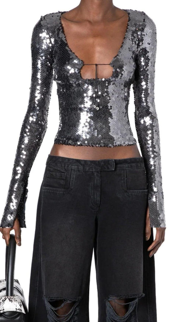 AIIZIE ANTHRACITE SEQUINED STRETCH-TULLE TOP - product image