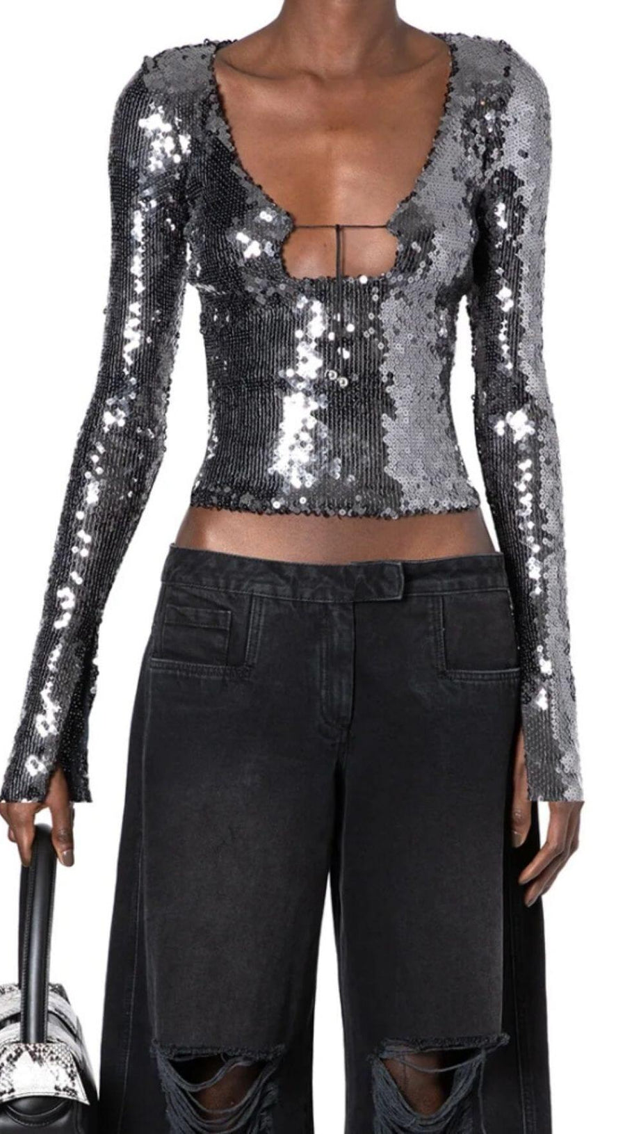 ANTHRACITE SEQUINED STRETCH-TULLE TOP