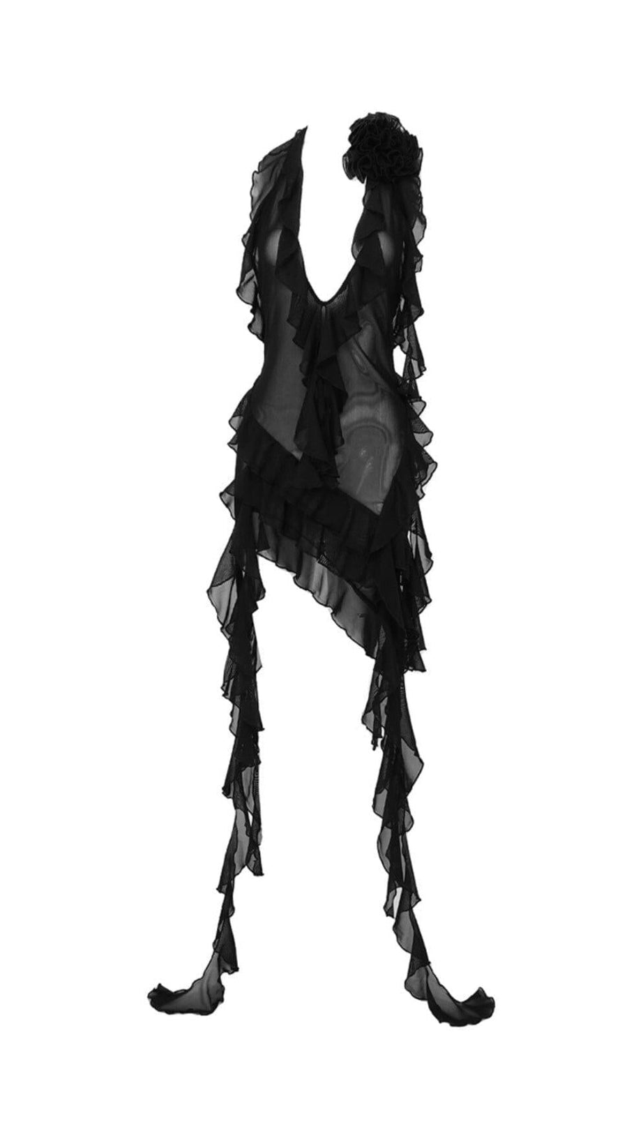 PLUNGING NECKLINE RUFFLE DRESS IN BLACK