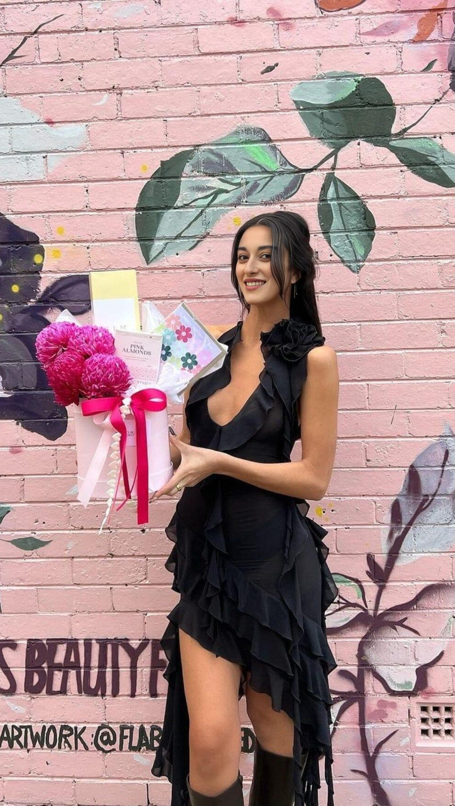 PLUNGING NECKLINE RUFFLE DRESS IN BLACK
