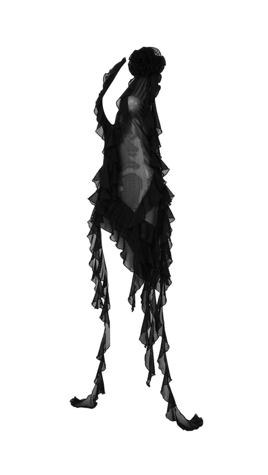 PLUNGING NECKLINE RUFFLE DRESS IN BLACK