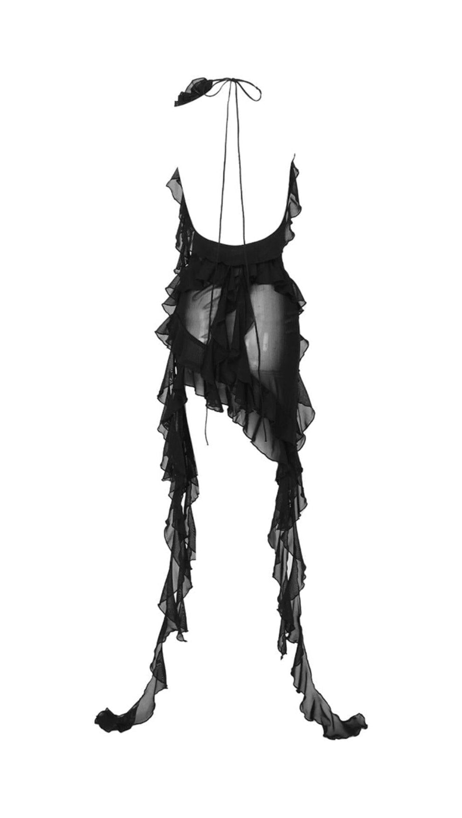 PLUNGING NECKLINE RUFFLE DRESS IN BLACK