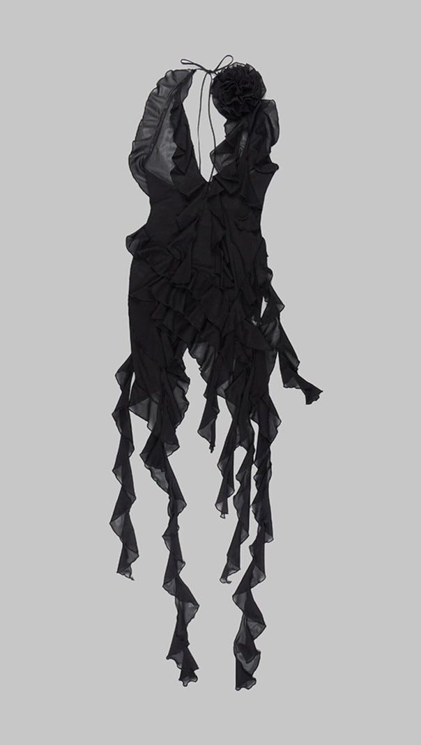 AIIZIE PLUNGING NECKLINE RUFFLE DRESS IN BLACK - product image