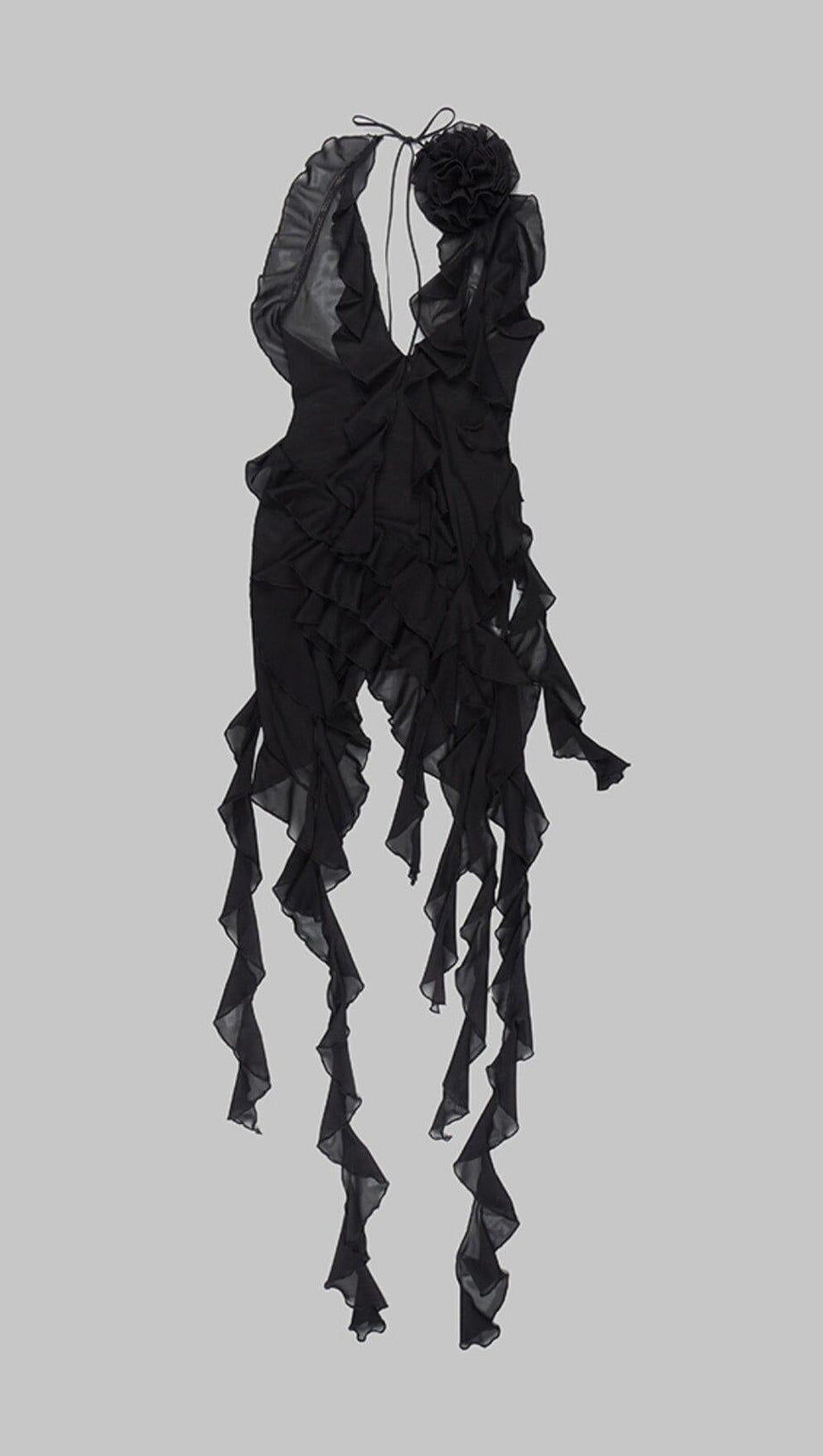 PLUNGING NECKLINE RUFFLE DRESS IN BLACK