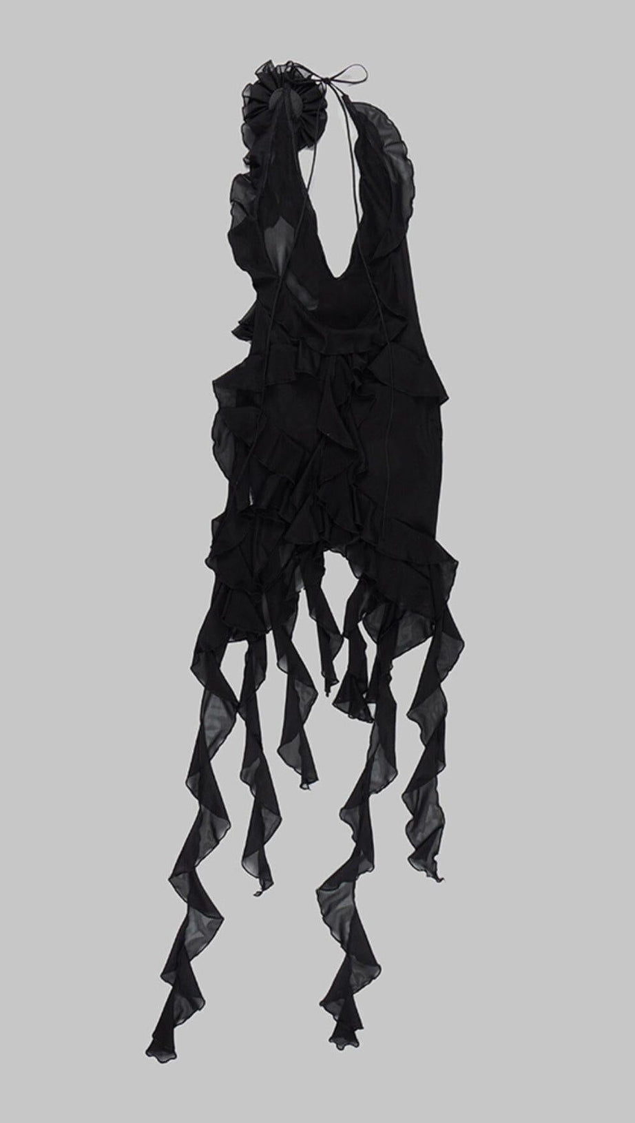 PLUNGING NECKLINE RUFFLE DRESS IN BLACK