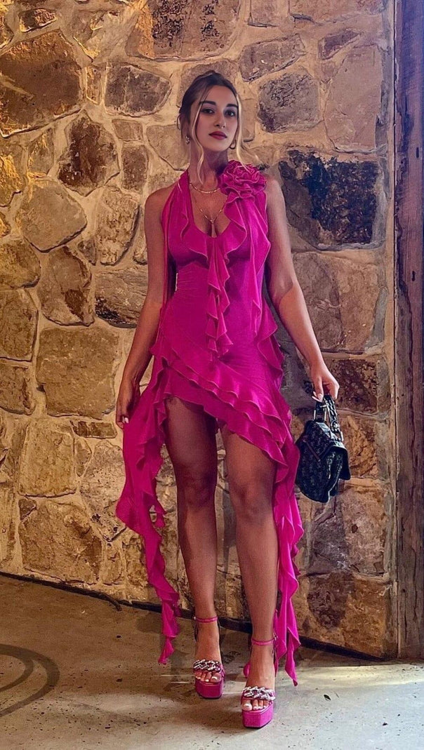 AIIZIE PLUNGING NECKLINE RUFFLE DRESS IN PINK - product image