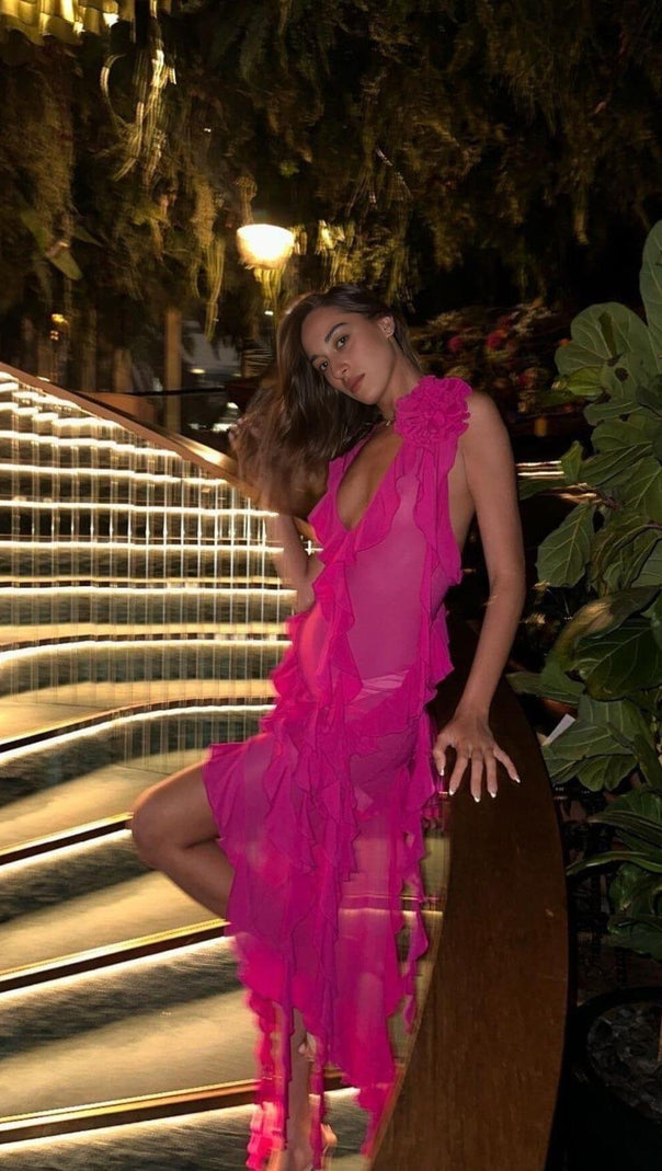 AIIZIE PLUNGING NECKLINE RUFFLE DRESS IN PINK - product image