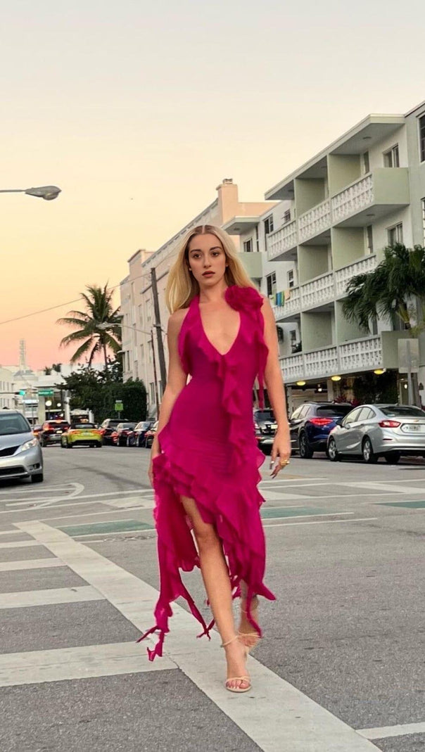 AIIZIE PLUNGING NECKLINE RUFFLE DRESS IN PINK - product image