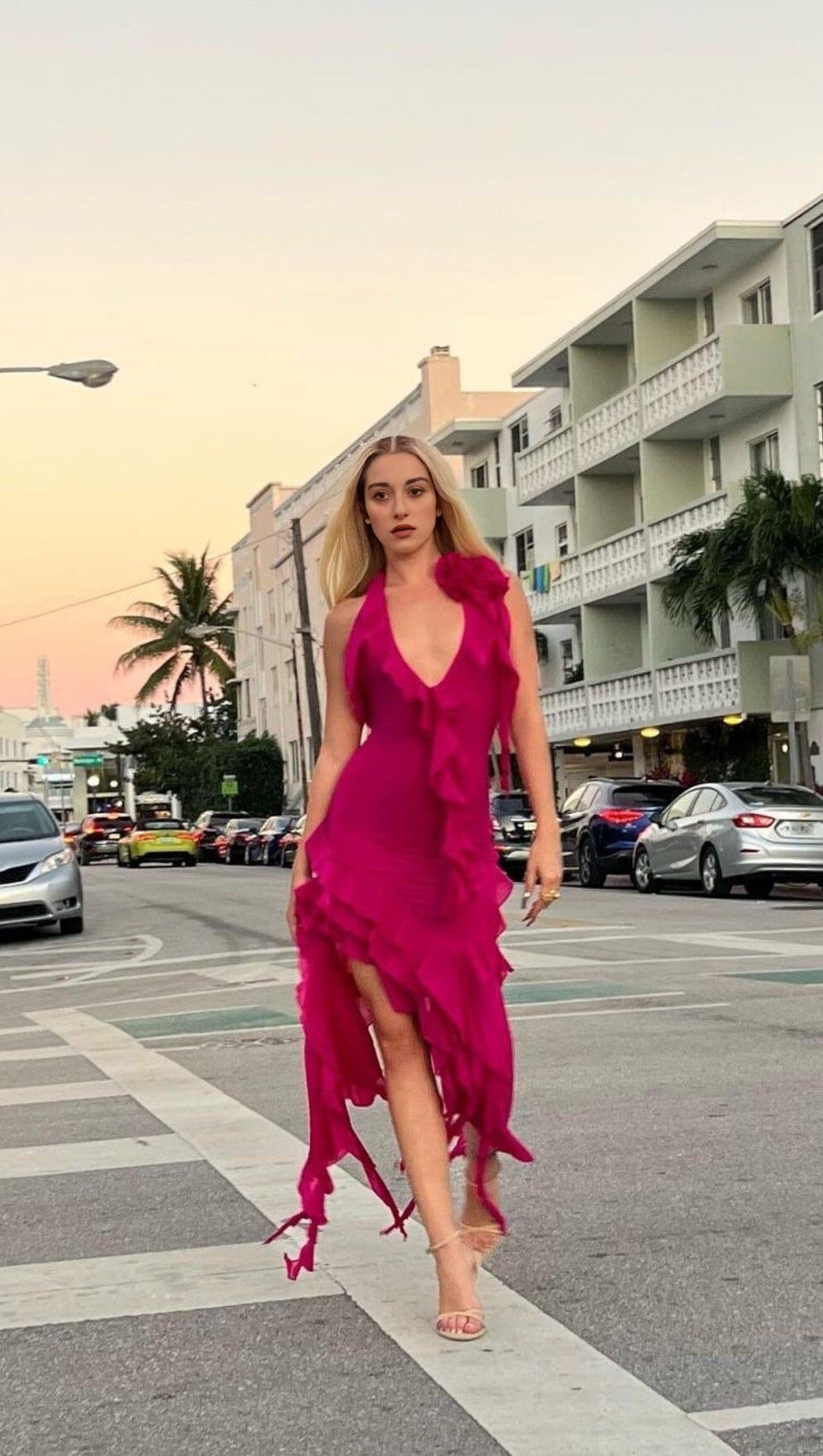 PLUNGING NECKLINE RUFFLE DRESS IN PINK