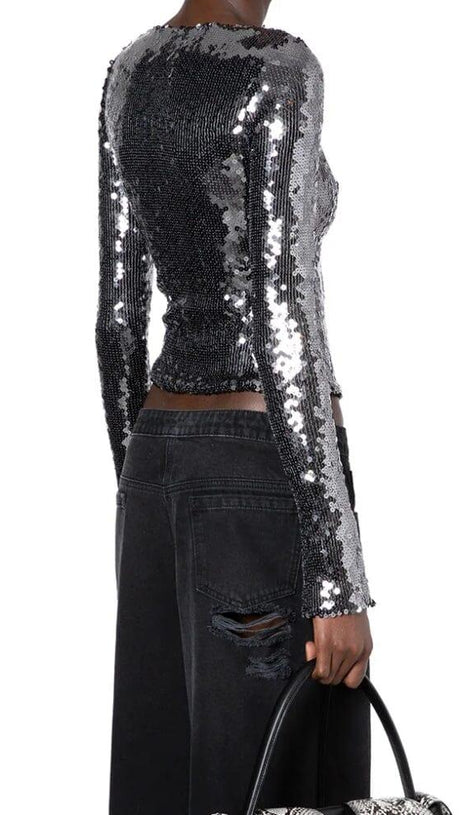 ANTHRACITE SEQUINED STRETCH-TULLE TOP