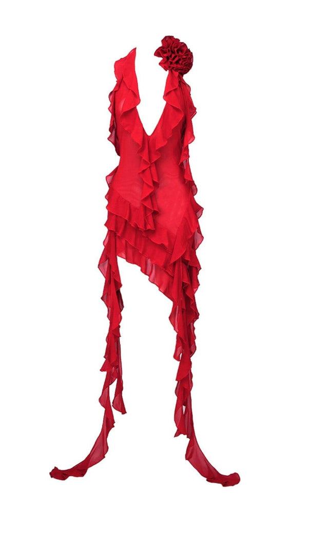 AIIZIE PLUNGING NECKLINE RUFFLE DRESS IN RED - product image
