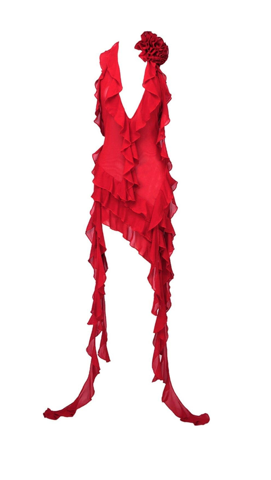 PLUNGING NECKLINE RUFFLE DRESS IN RED