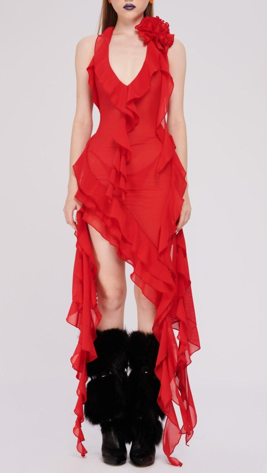 PLUNGING NECKLINE RUFFLE DRESS IN RED