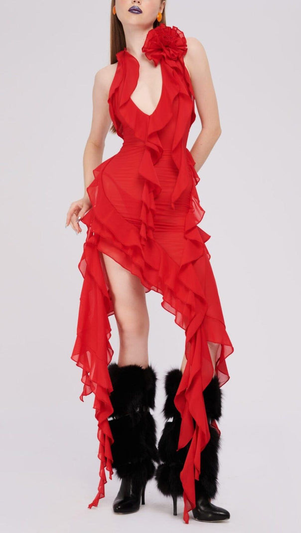 AIIZIE PLUNGING NECKLINE RUFFLE DRESS IN RED - product image