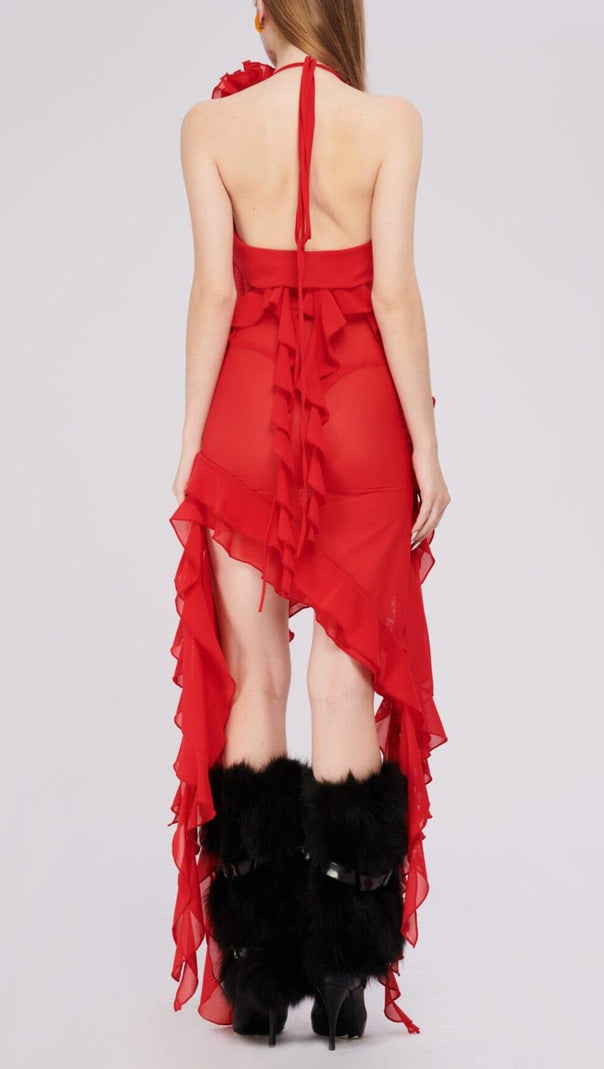 AIIZIE PLUNGING NECKLINE RUFFLE DRESS IN RED - product image