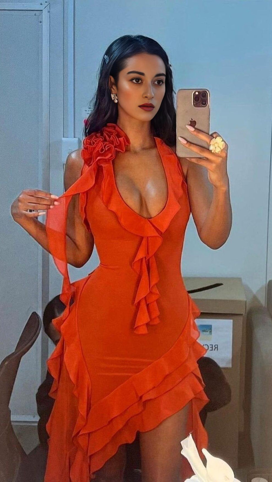 PLUNGING NECKLINE RUFFLE DRESS IN RED