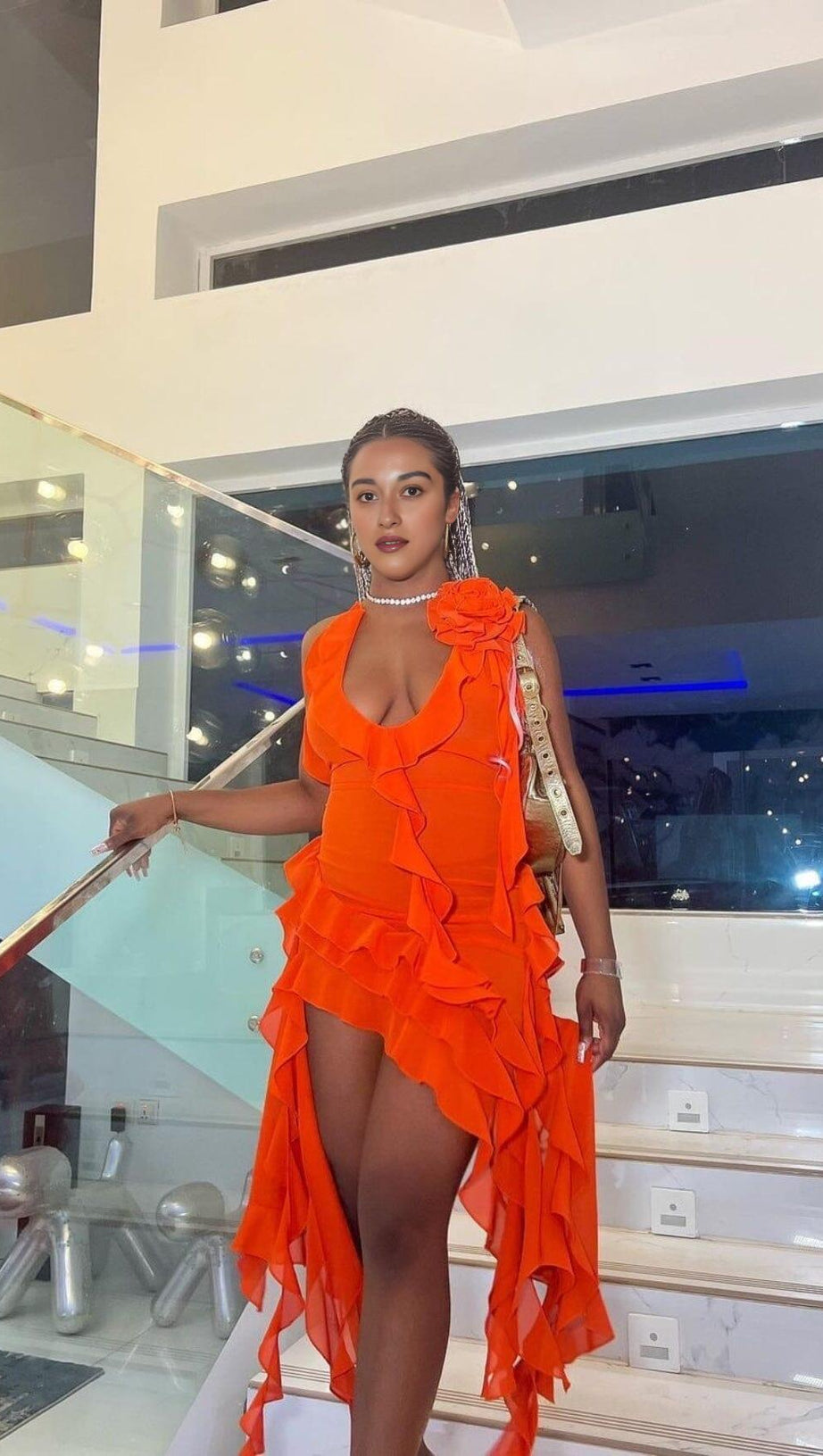 PLUNGING NECKLINE RUFFLE DRESS IN RED