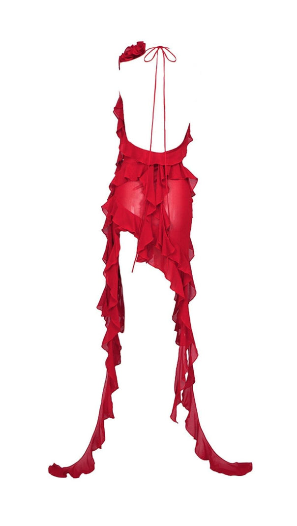 AIIZIE PLUNGING NECKLINE RUFFLE DRESS IN RED - product image