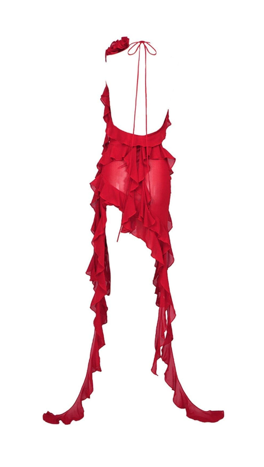 PLUNGING NECKLINE RUFFLE DRESS IN RED