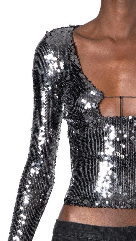 ANTHRACITE SEQUINED STRETCH-TULLE TOP