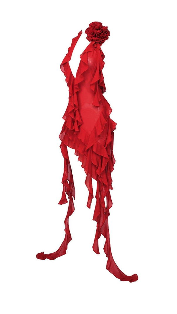 AIIZIE PLUNGING NECKLINE RUFFLE DRESS IN RED - product image