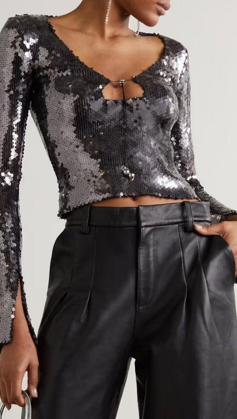 ANTHRACITE SEQUINED STRETCH-TULLE TOP