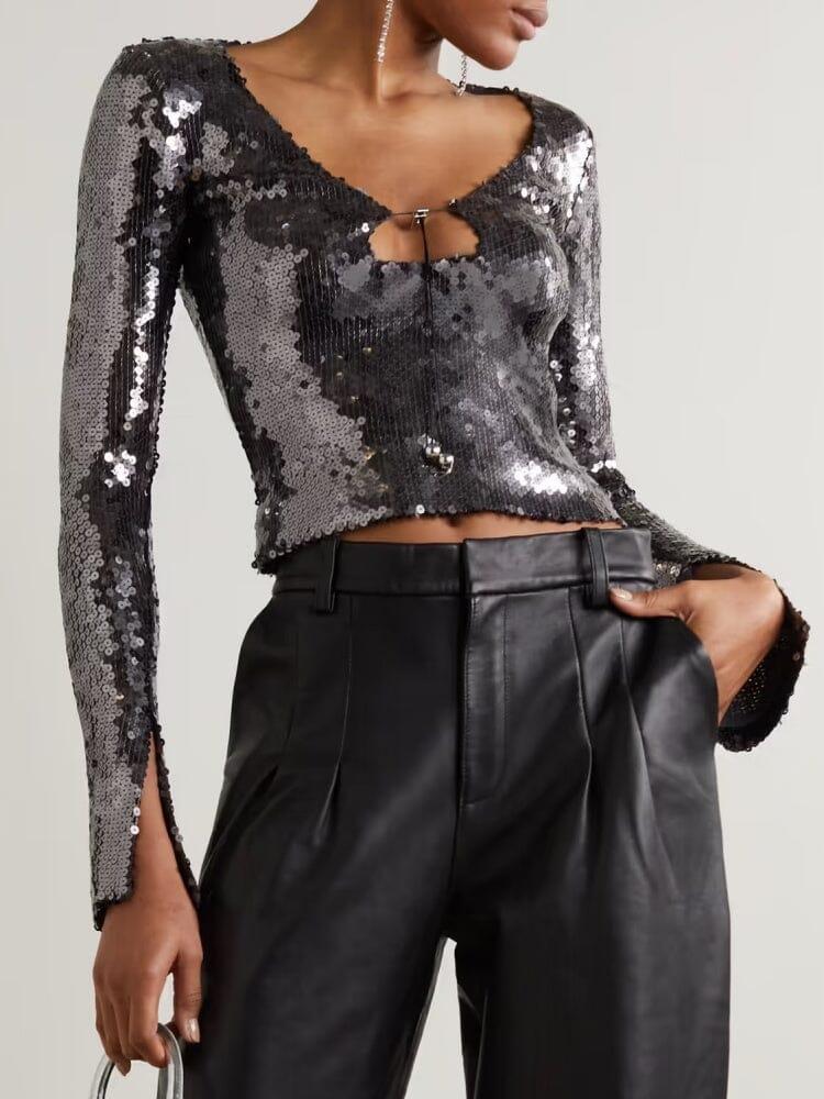 AIIZIE ANTHRACITE SEQUINED STRETCH-TULLE TOP - product image