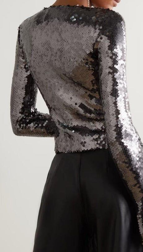 ANTHRACITE SEQUINED STRETCH-TULLE TOP