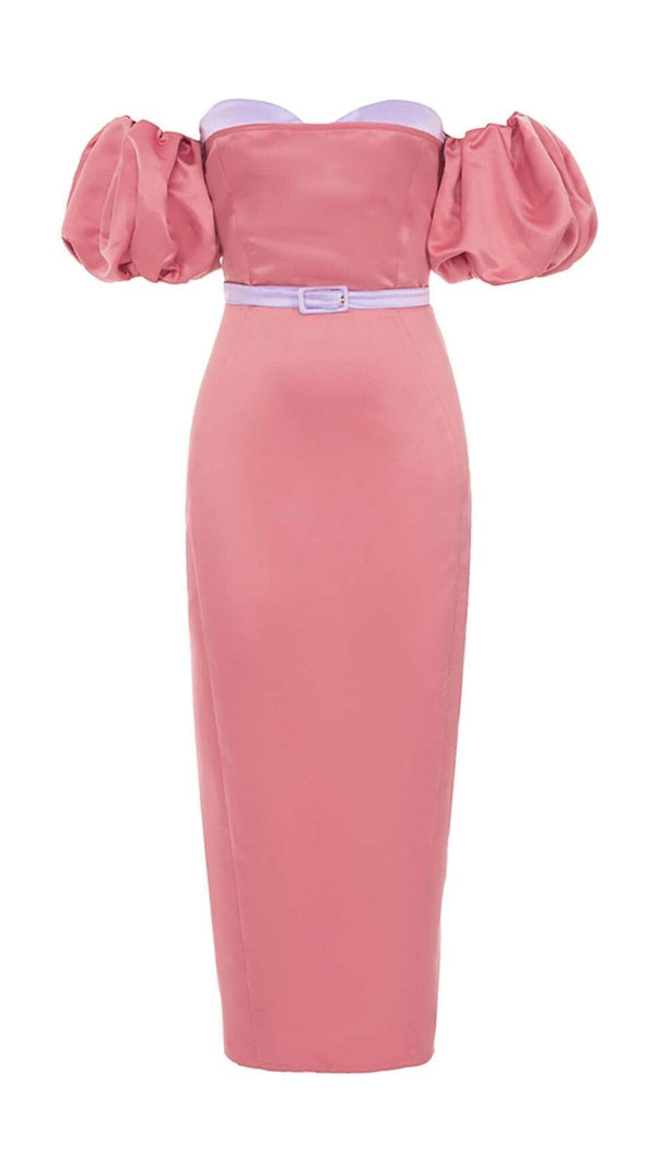 AIIZIE PUFF BODYCON SATIN MIDI DRESS IN ROSE - product image