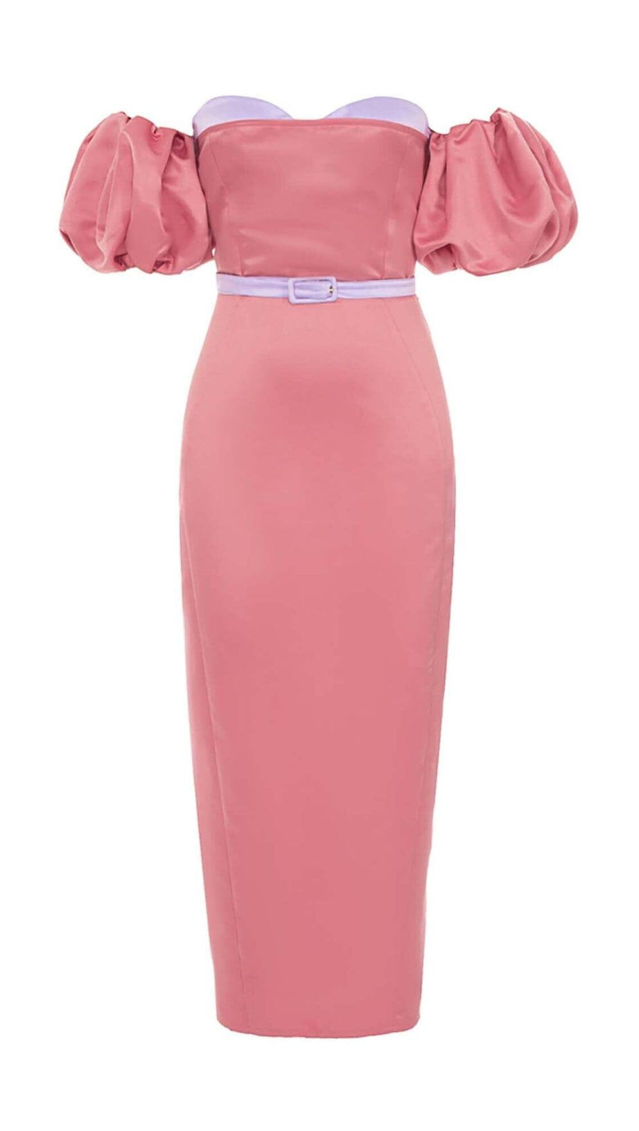PUFF BODYCON SATIN MIDI DRESS IN ROSE