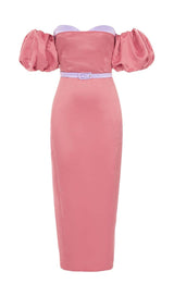 PUFF BODYCON SATIN MIDI DRESS IN ROSE