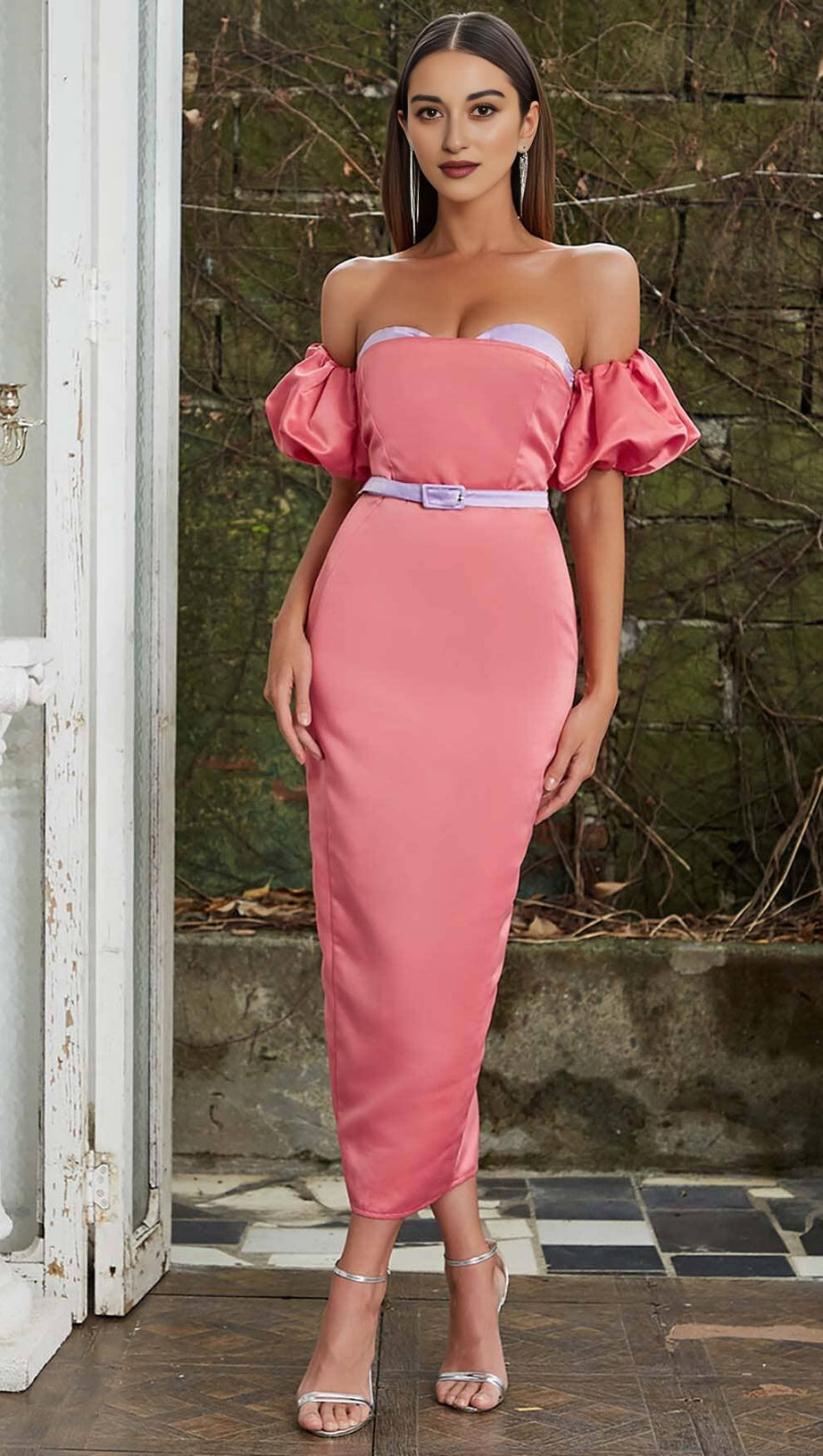 PUFF BODYCON SATIN MIDI DRESS IN ROSE