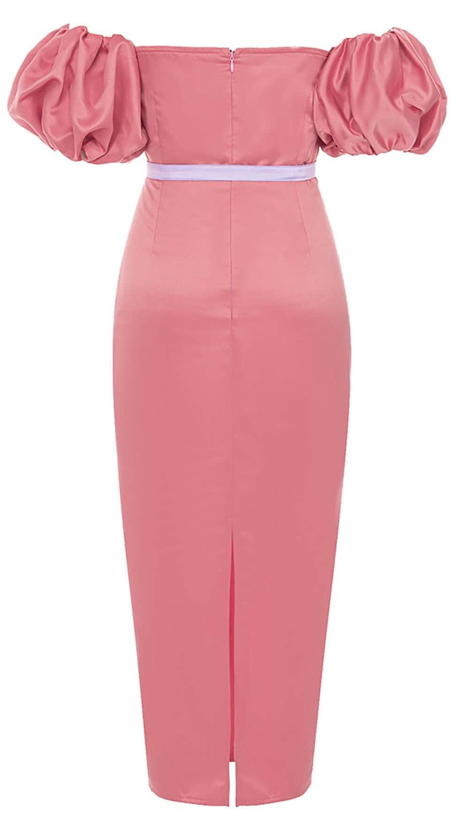 PUFF BODYCON SATIN MIDI DRESS IN ROSE