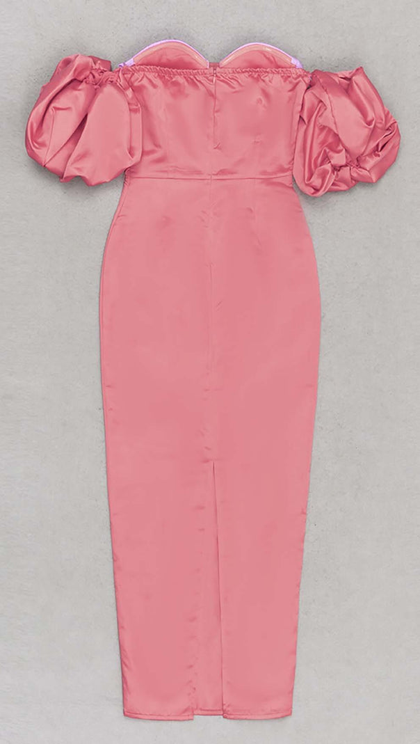 AIIZIE PUFF BODYCON SATIN MIDI DRESS IN ROSE - product image