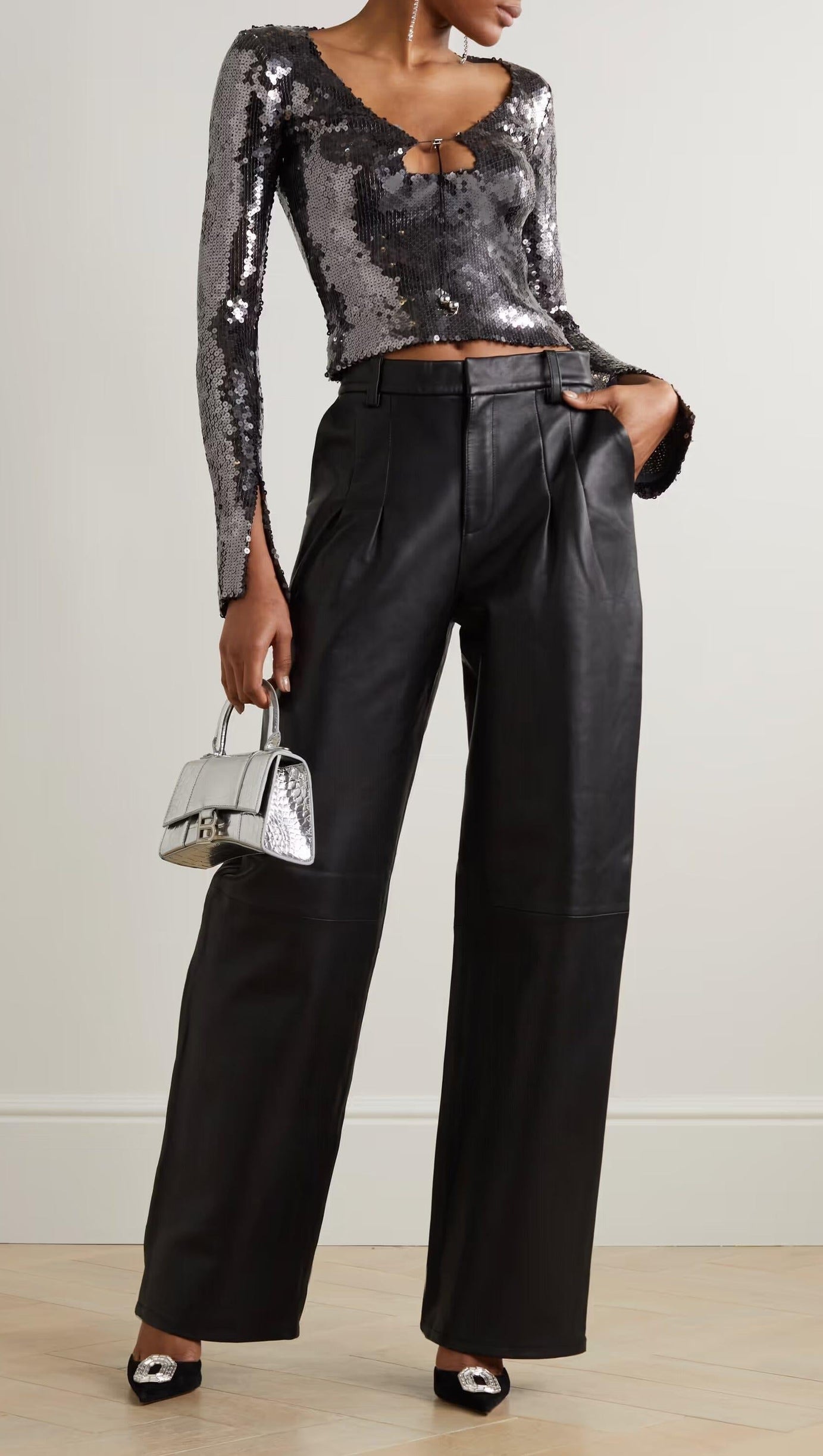 ANTHRACITE SEQUINED STRETCH-TULLE TOP