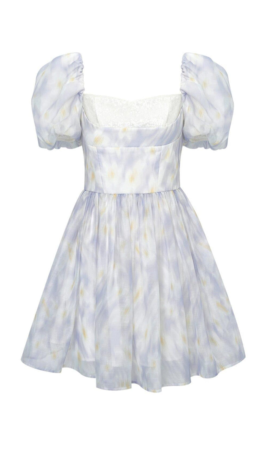 PUFF FLORAL-PRINT MINI DRESS IN GRAYISH-BLUE