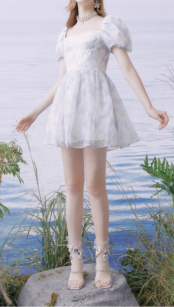 AIIZIE PUFF FLORAL-PRINT MINI DRESS IN GRAYISH-BLUE - product image