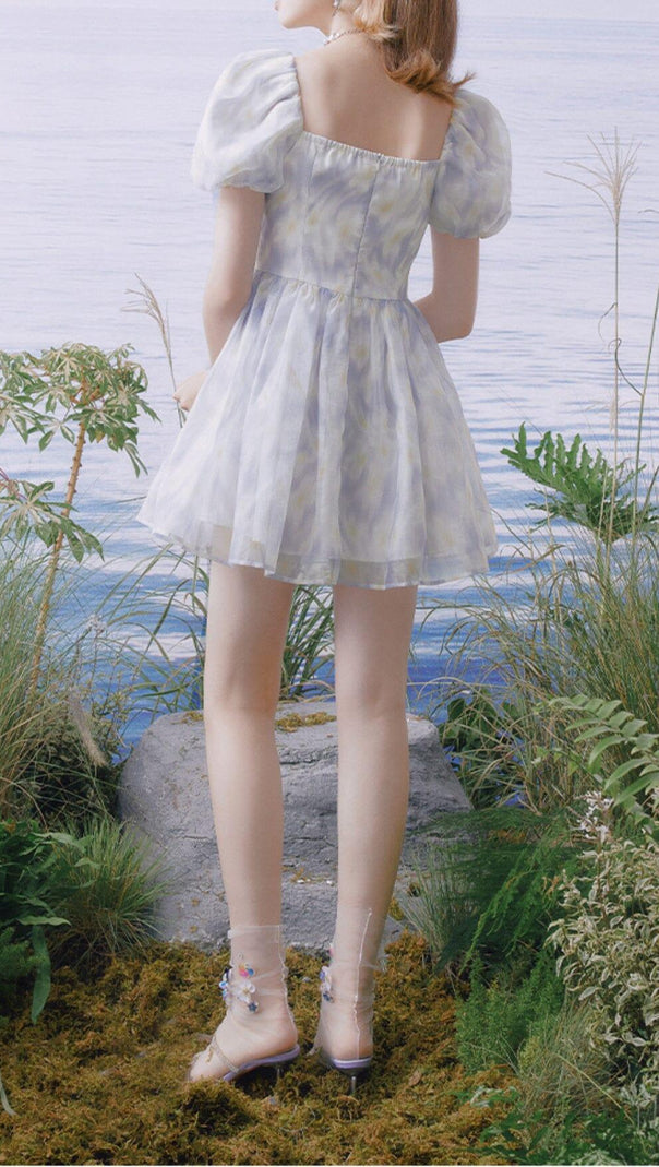 AIIZIE PUFF FLORAL-PRINT MINI DRESS IN GRAYISH-BLUE - product image
