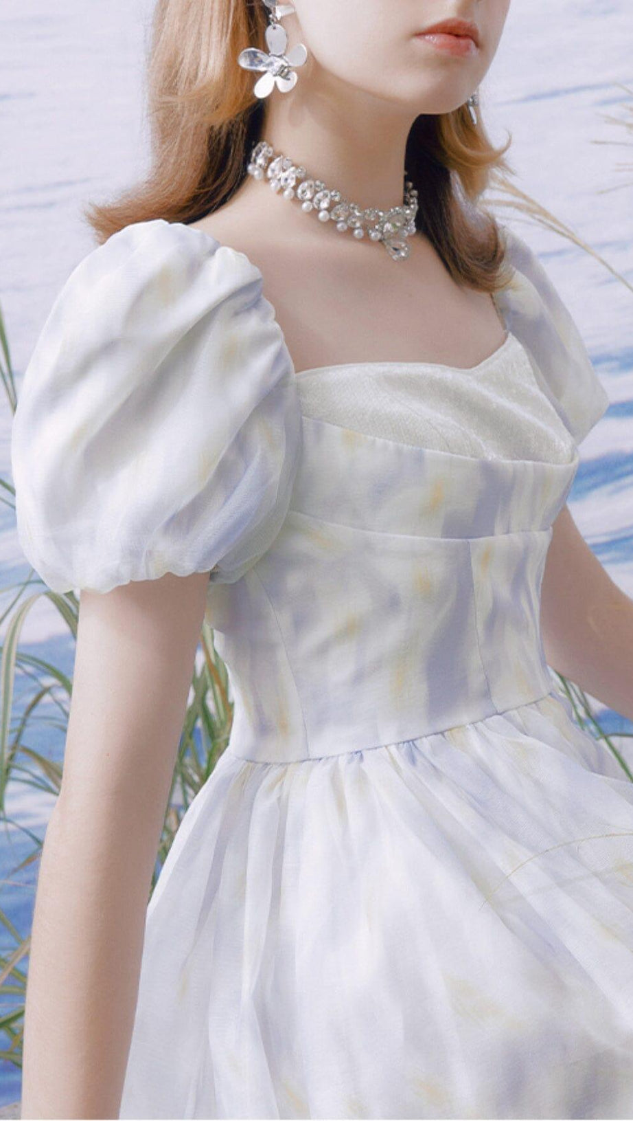 PUFF FLORAL-PRINT MINI DRESS IN GRAYISH-BLUE