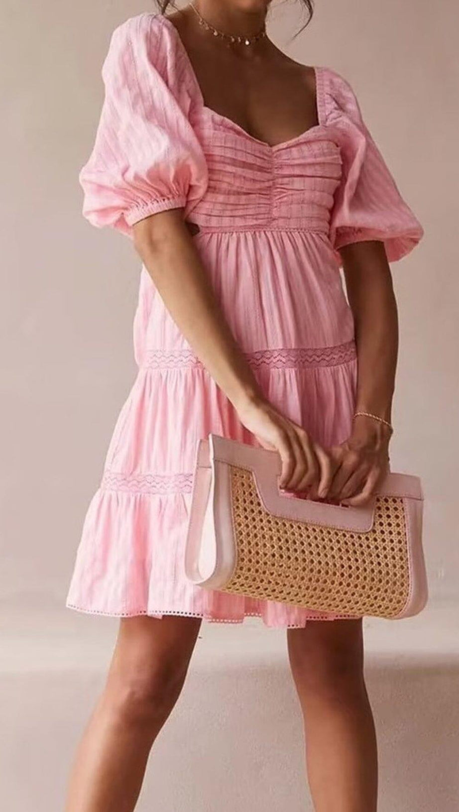 PUFF SLEEVE LACE MINI DRESS IN PINK