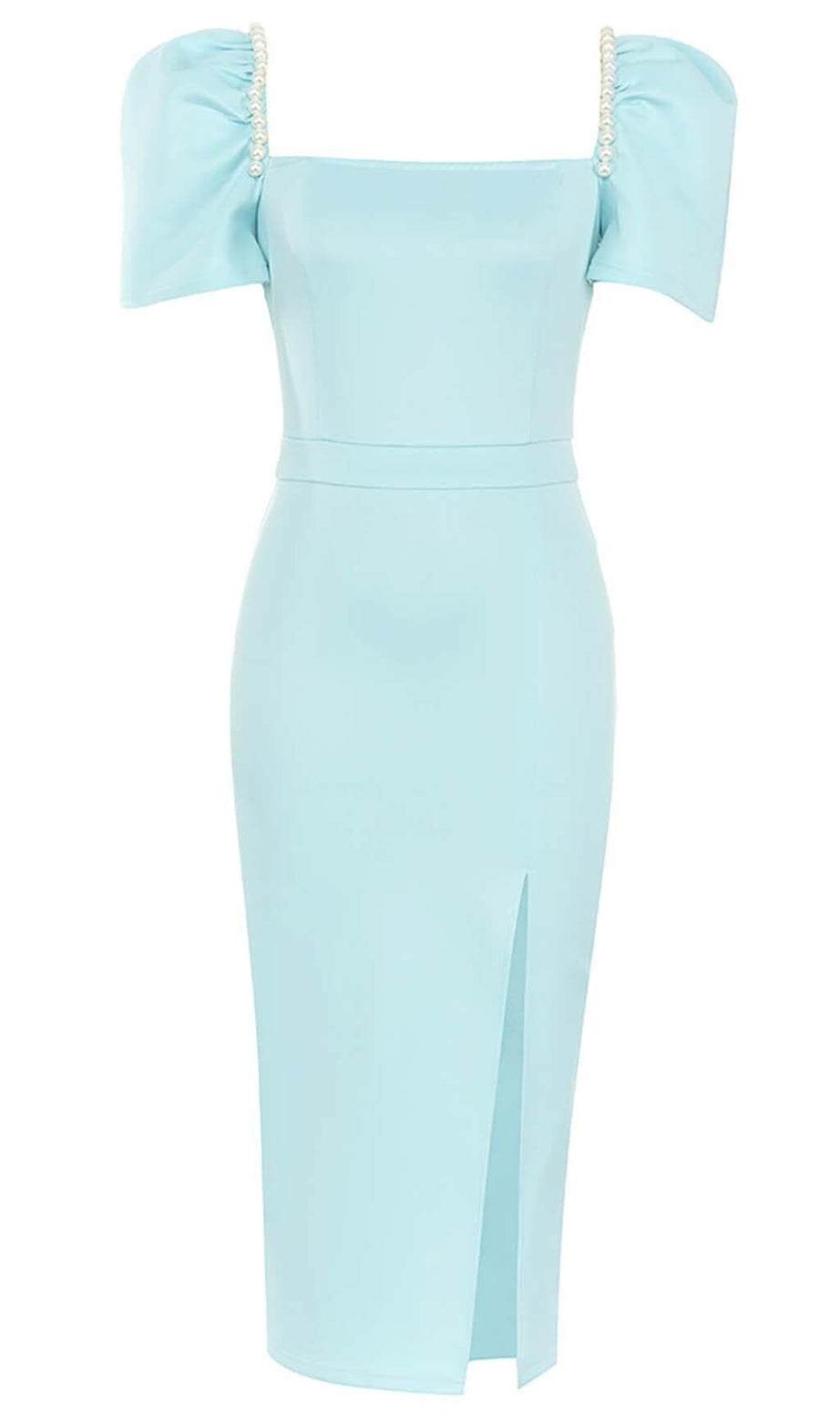 PUFF SLEEVE PEARL MIDI DRESS IN LIGHT GREEN