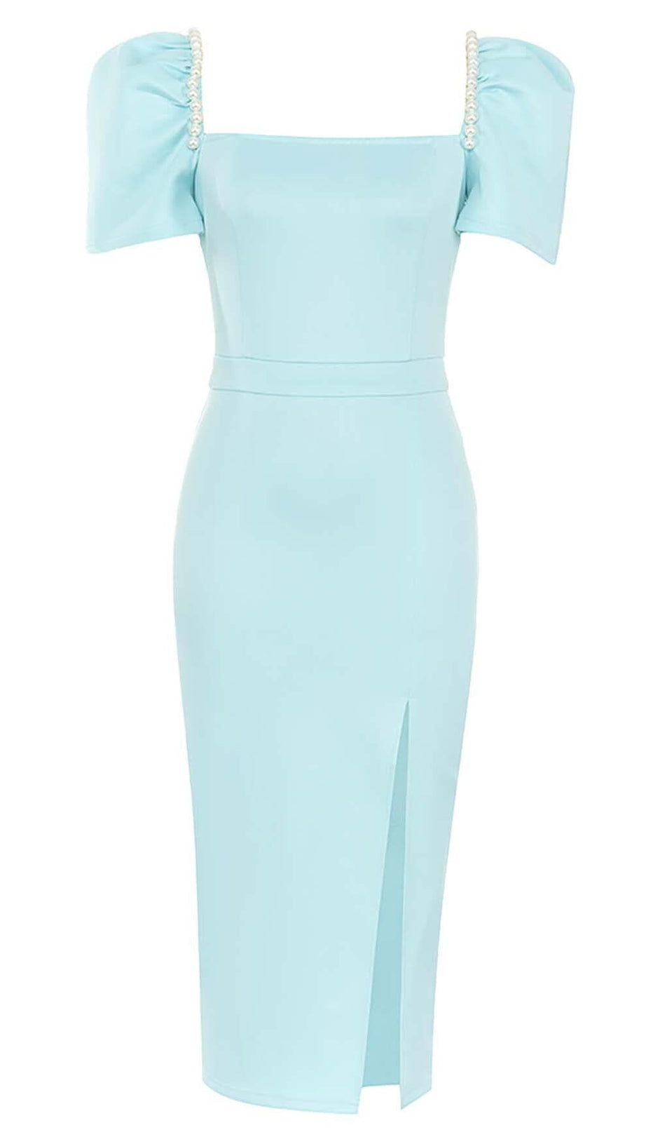 PUFF SLEEVE PEARL MIDI DRESS IN LIGHT GREEN