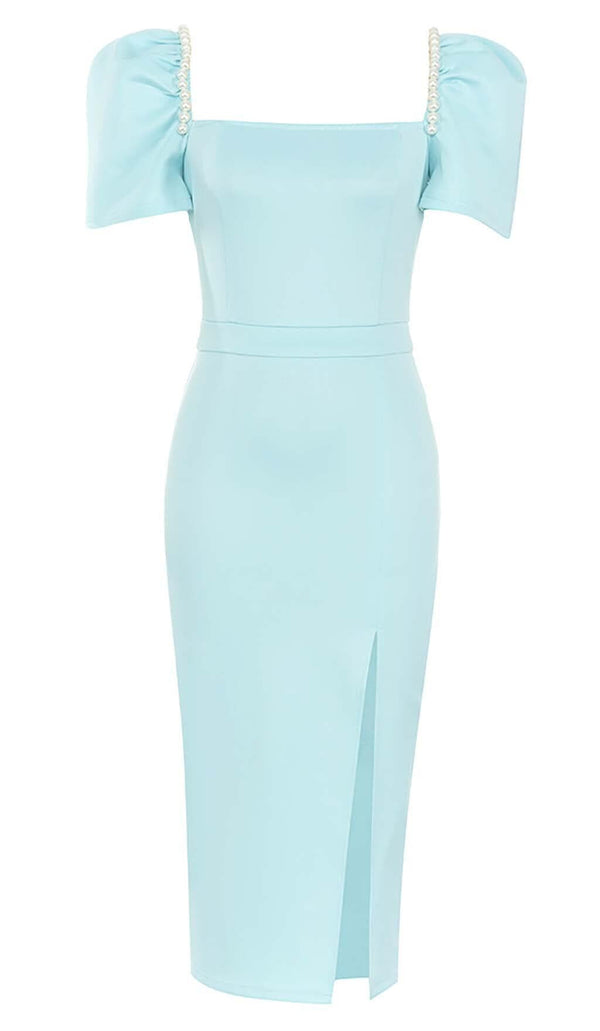 PUFF SLEEVE PEARL MIDI DRESS IN LIGHT GREEN