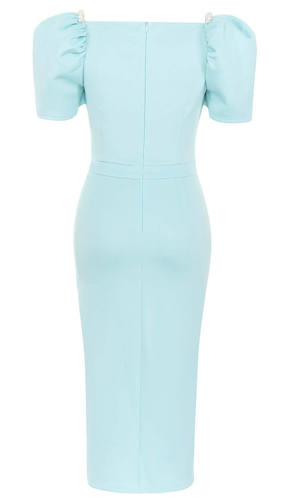 PUFF SLEEVE PEARL MIDI DRESS IN LIGHT GREEN