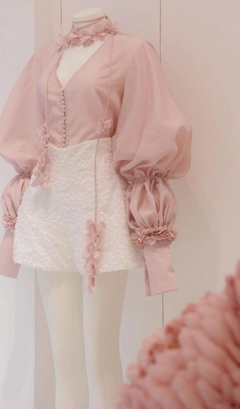 PUFF SLEEVE TWO PIECE SUIT IN PINK