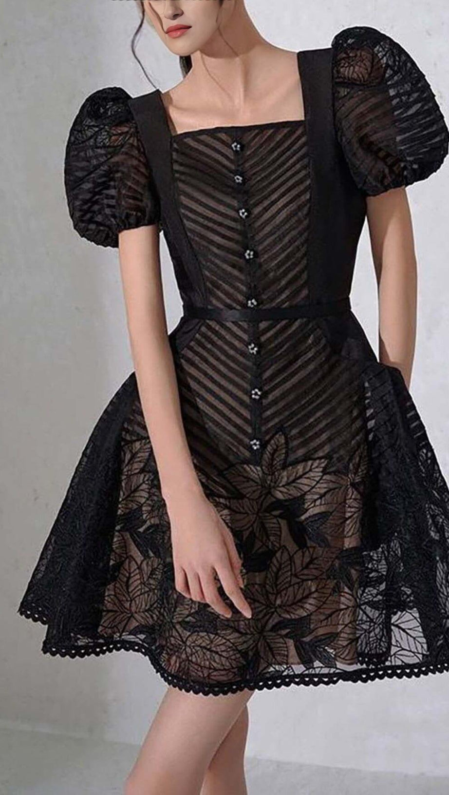 PUFF-SLEEV MESH MINI A-LINE DRESS IN BLACK