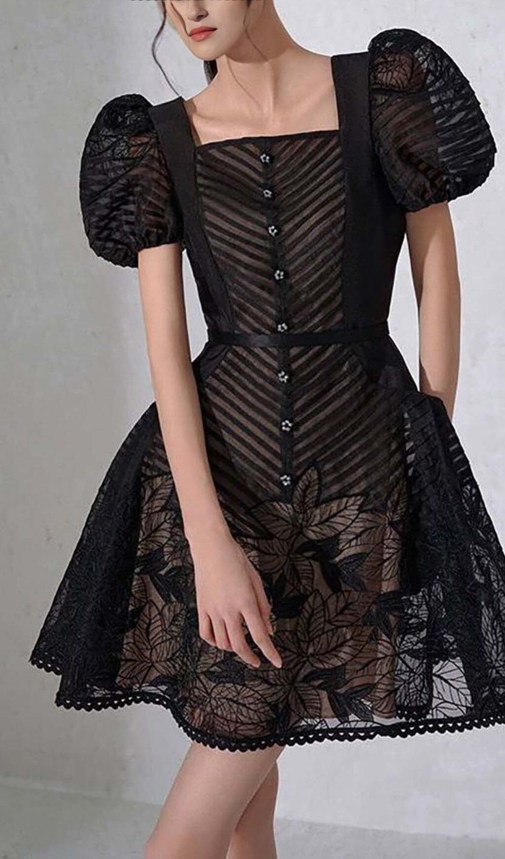 MINI-A-LINIEN-KLEID AUS MESH MIT PUFFÄRMELN IN SCHWARZ
