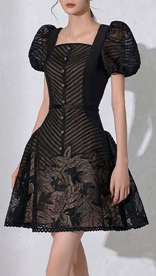 AIIZIE PUFF-SLEEV MESH MINI A-LINE DRESS IN BLACK - product image